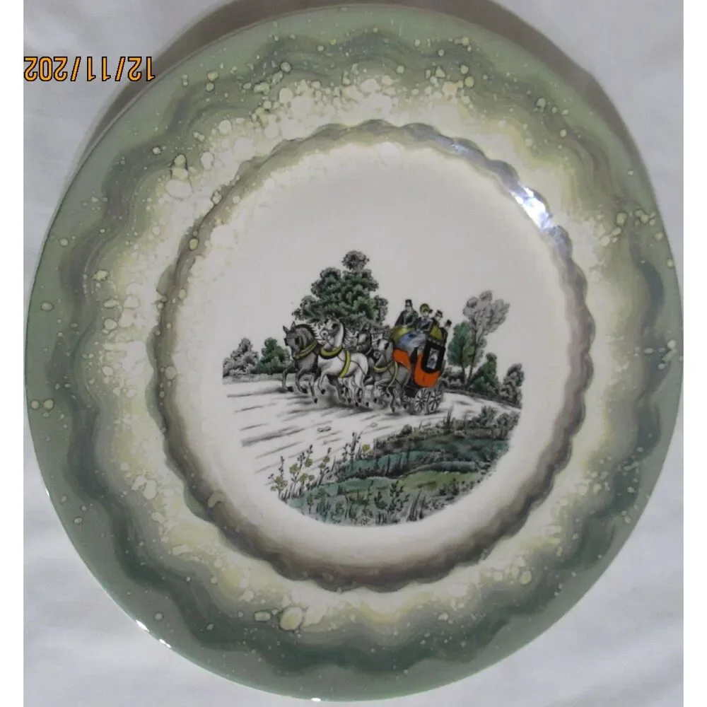 Vintage Old Castle made in England winter scene plate green horse and carriage